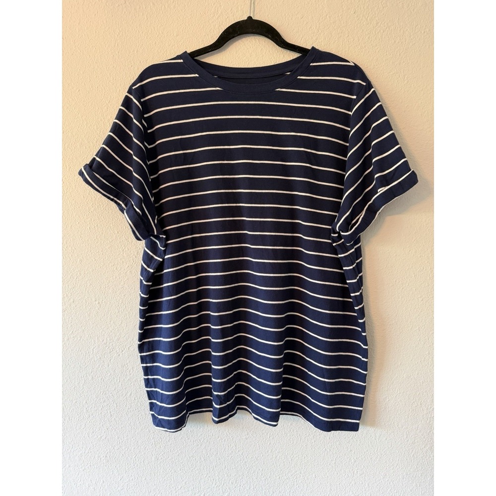 Ava & Viv 1X  Blue Striped Womens Tee Shirt‎ Top Cuffed Sleeve Classic Fit